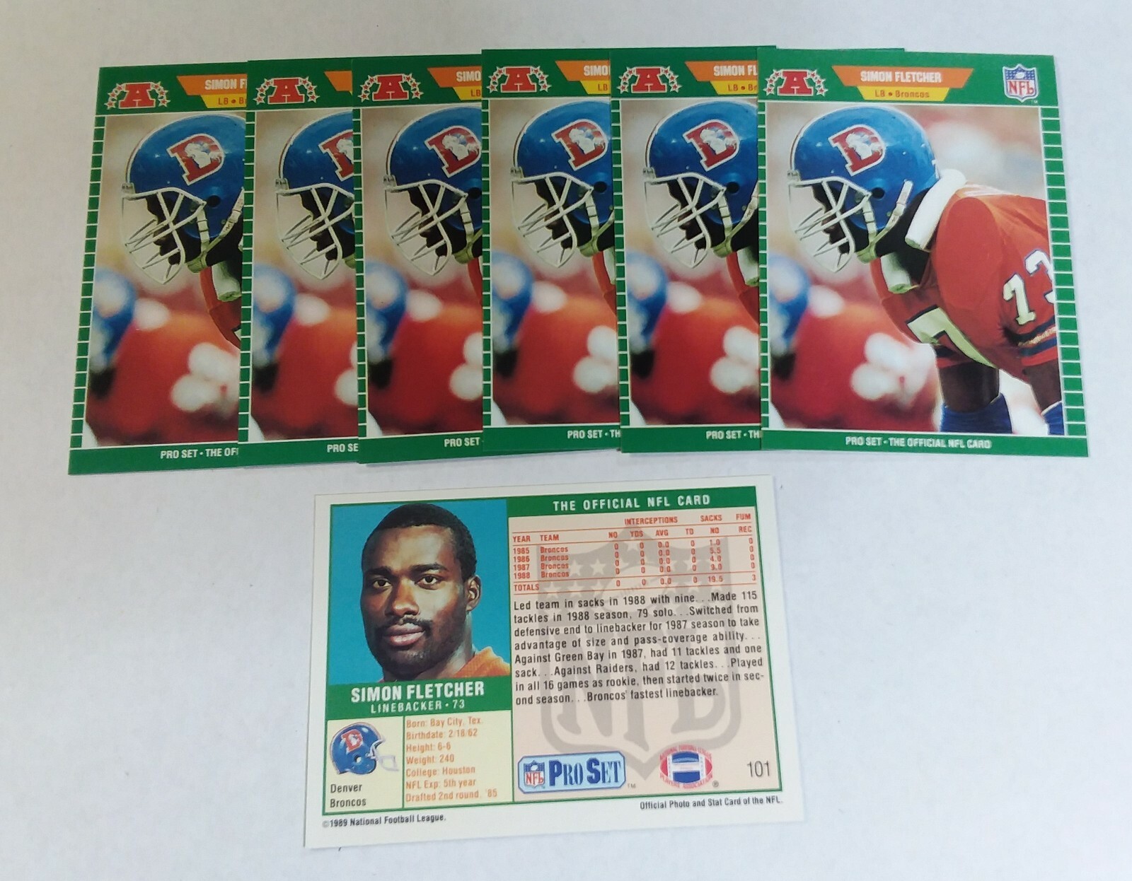 1989 Pro Set RC #101 SIMON FLETCHER - DENVER BRONCOS - ROOKIE Lot of (7)