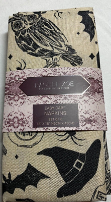 RACHEL ZOE NAPKINS (6) OWL BAT SPIDER RAVEN WITCH HAT 18 X 18 100% POLYESTER NIP