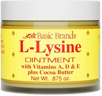 Basic Organics L Lysine Ointment Vitamins A D & E Plus Cocoa Butter Cold .875oz