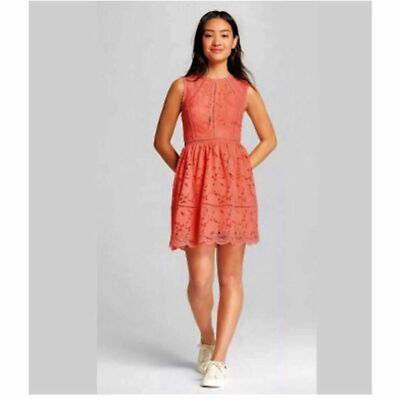 Xhilaration coral lace fit & flare dress small! | eBay