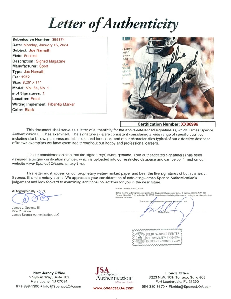 Joe Namath Autographed 1972 Sport Magazine - HOF - New York Jets - Image 3 of 3