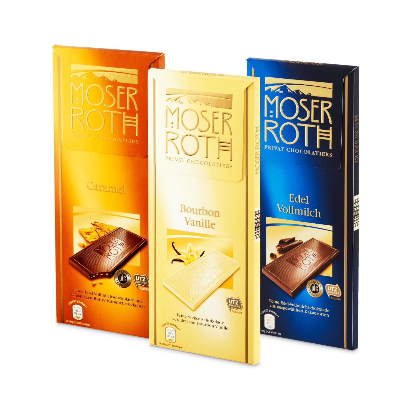 3 Different sorts Moser Roth Milk Chocolate , Caramel and Bourbon Vanille NEW