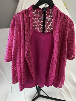 Kim Rogers Curvy 1X Pink 2 Piece Crochet Open Front Cardigan Office Chic Boho