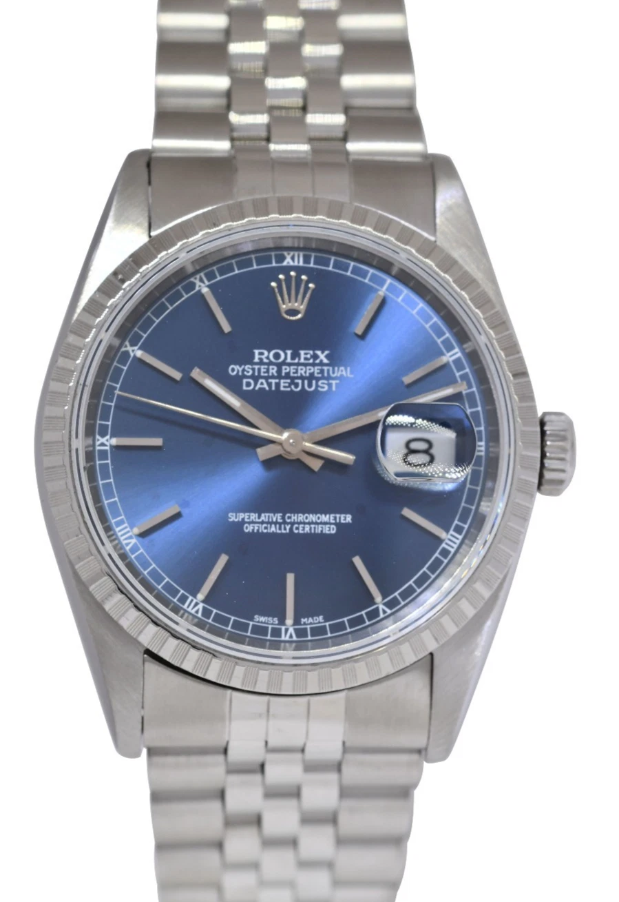 Rolex Datejust Steel Blue Dial Engine Turned Bezel Jubilee 36mm Watch A 16220