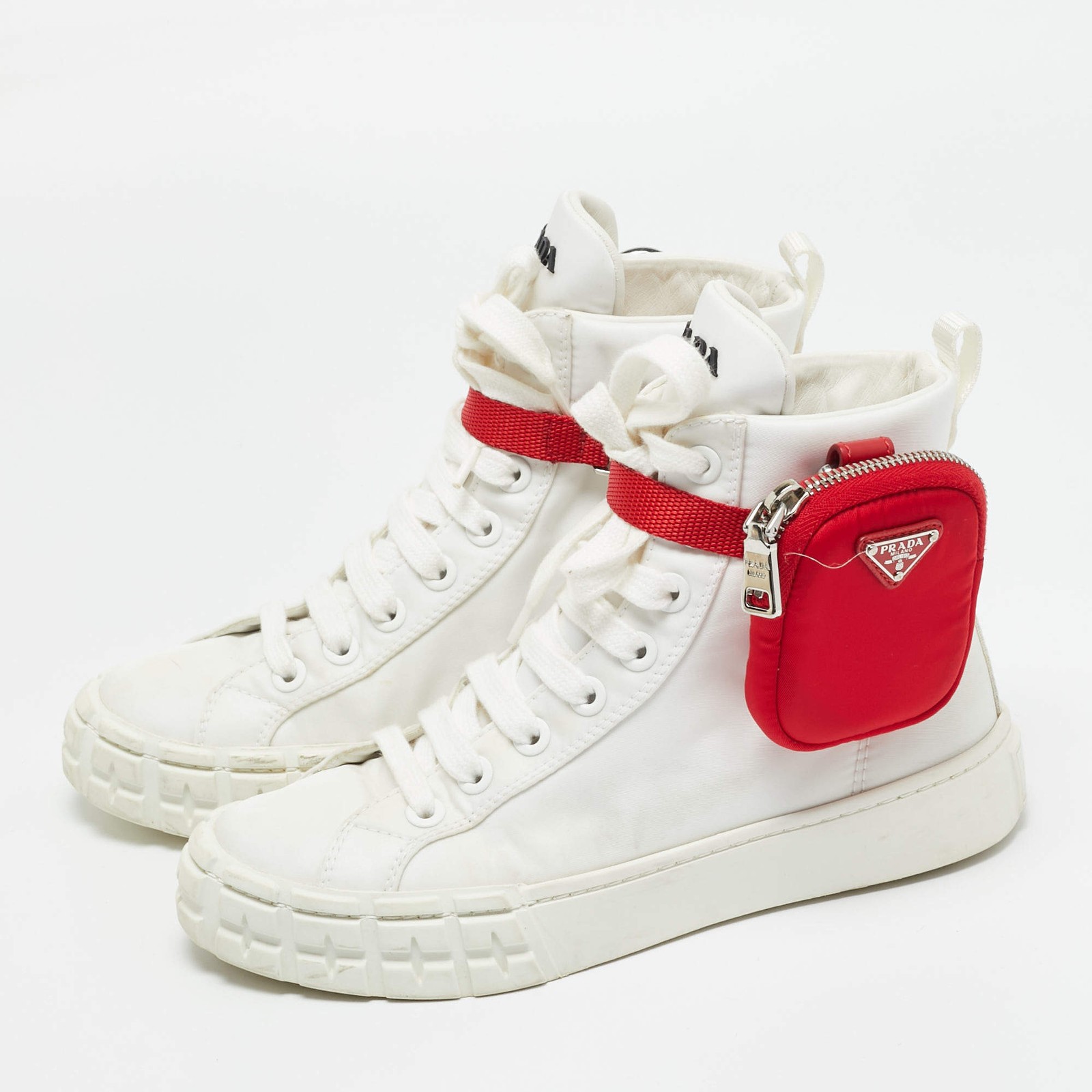 Prada White Nylon Triangle Pouch Pocket High Top Sneakers Size 37 thumbnail 2