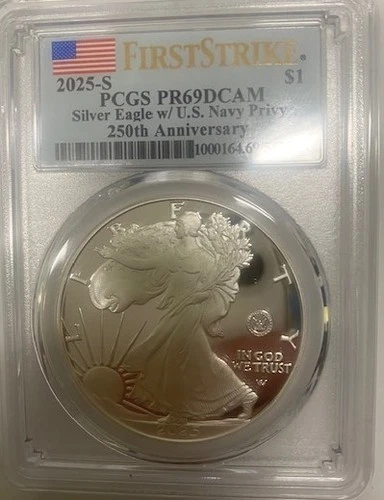 2025-S (PR69) Proof American Silver Eagle ~ U.S. NAVY Privy First Strike $1 PCGS