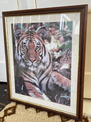 Large Beautiful Carved Wood Twist Framed Print Of A Tiger - 21 X 24 Inches