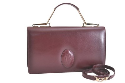 Authentic Cartier Must de Cartier 2Way Hand Shoulder Bag Leather Bordeaux AA487