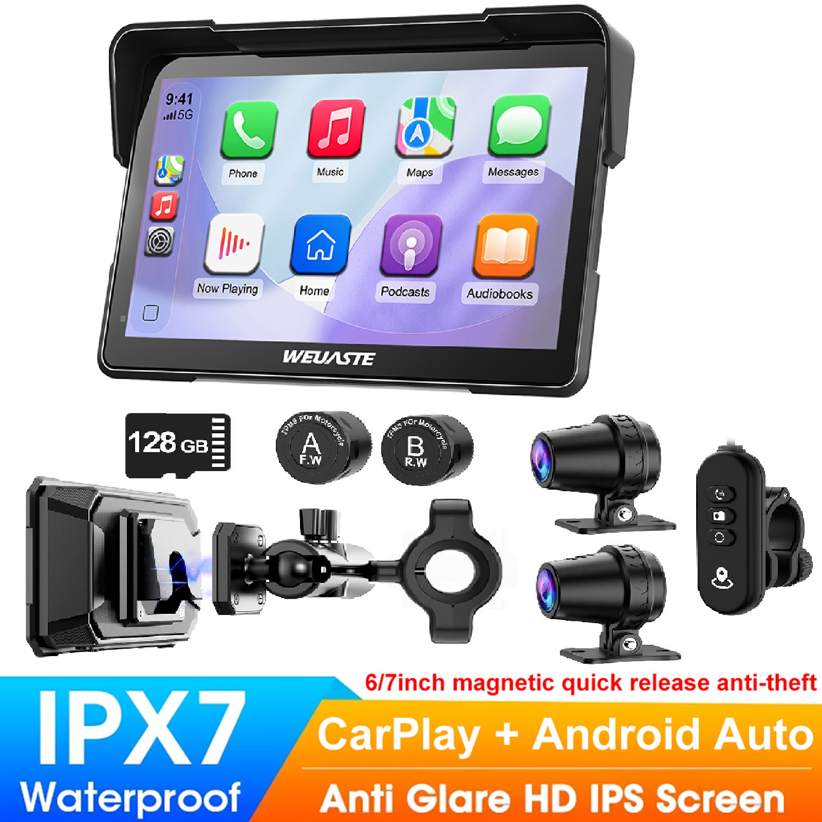 2026 Wireless Motorcycle/UTV/ATV Stereo Android Auto Carplay Touch Screen 7" BT