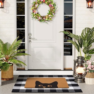 Welcome Door Mat Combo Set Plaid 28x43 And Cat 17x30 Inch Front