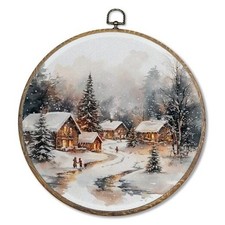 FUGWN Christmas Village Round Wall Art Decor Framed, Rustic Winter color-6
