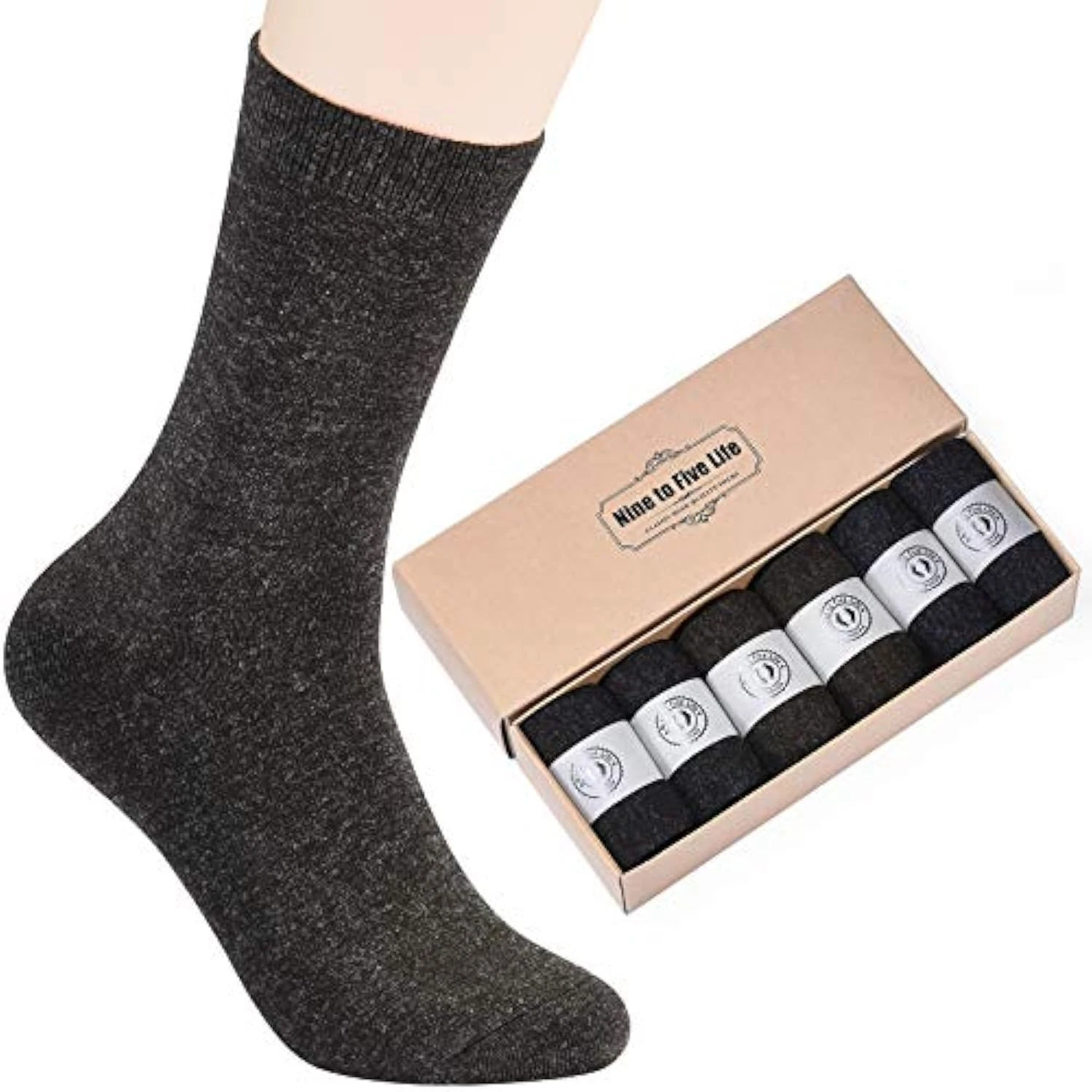 NinetoFiveLife Pack of 6 Mens Socks Merino Wool Socks for Men Casual Dress So...