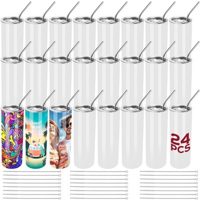 24 Pack Blank Straight Skinny 20oz Metal Tumblers with Lids   For Sublimat