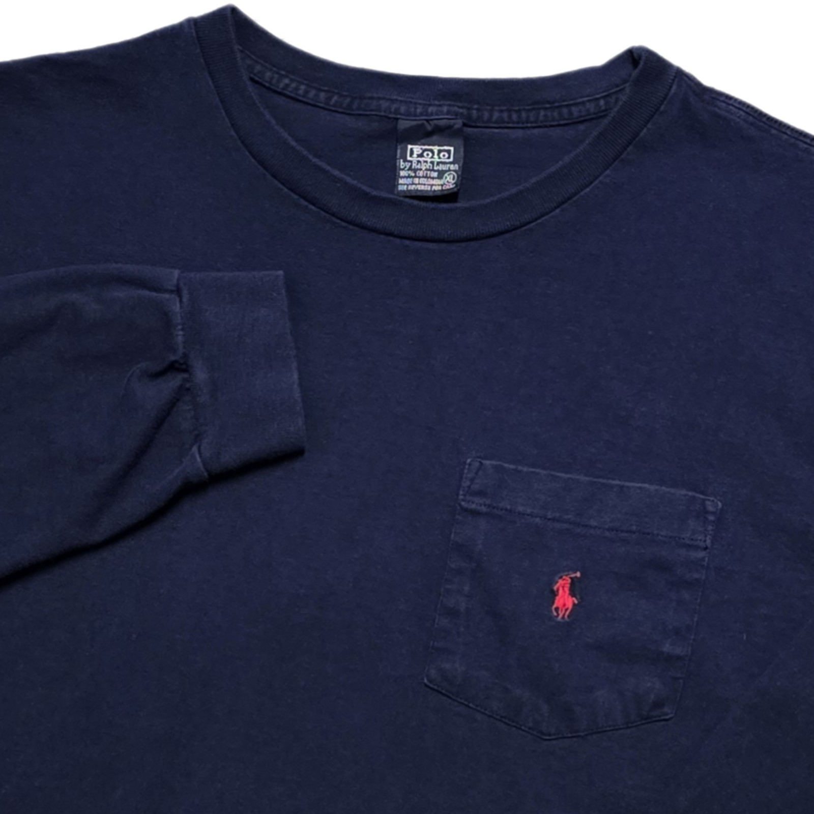 Vintage 90s Polo Ralph Lauren Pocket Long Sleeve T-Shirt Navy Mens XL Red Pony