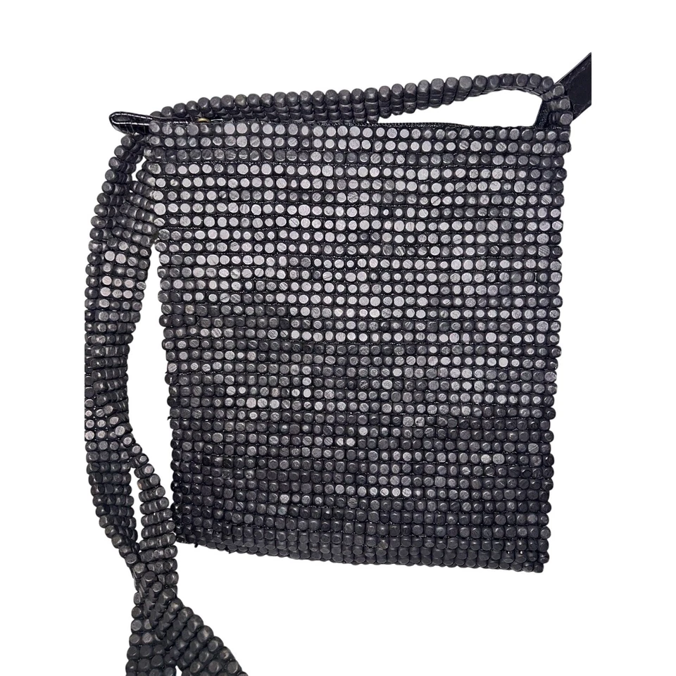 SIGRID OLSEN Purse Black Wooden Bead Flat Square Zippered Shoulder Bag Crossbody - Image 4 of 4
