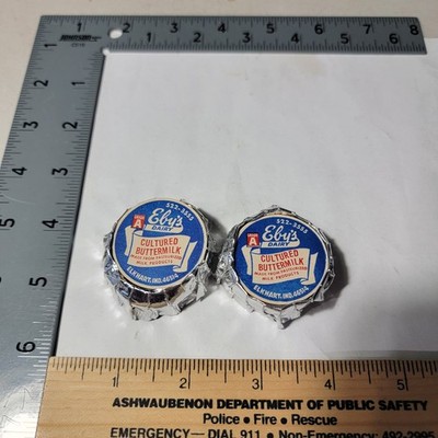 E Dairy Milk bottle Cap Eby's Foil 2 Caps Elkhart Indiana Buttermilk