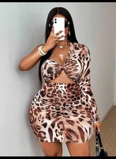 Plus Size Women Leopard Print One Shoulder Hollow Out Twisted mini dress