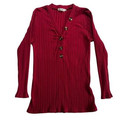 Y2K Hooey Ko Ko Ribbed V-Neck Top XL Deep Red Button Front Fitted Long Sleeve
