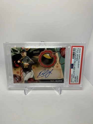 2024 Topps Holiday Paul Skenes RC Autograph Relic Red Glitter 4/5 PSA 8 Pop 1