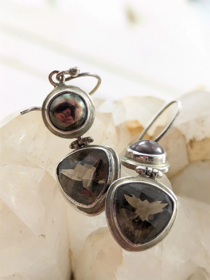 Vintage Solid Sterling Silver Bronze Pearl Smoky Quartz Earrings 4.7 Grams - Image 3 of 4