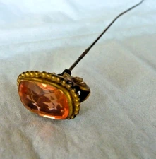 Antique  8½" Hatpin Vintage Gold Filled Top Orange Stone