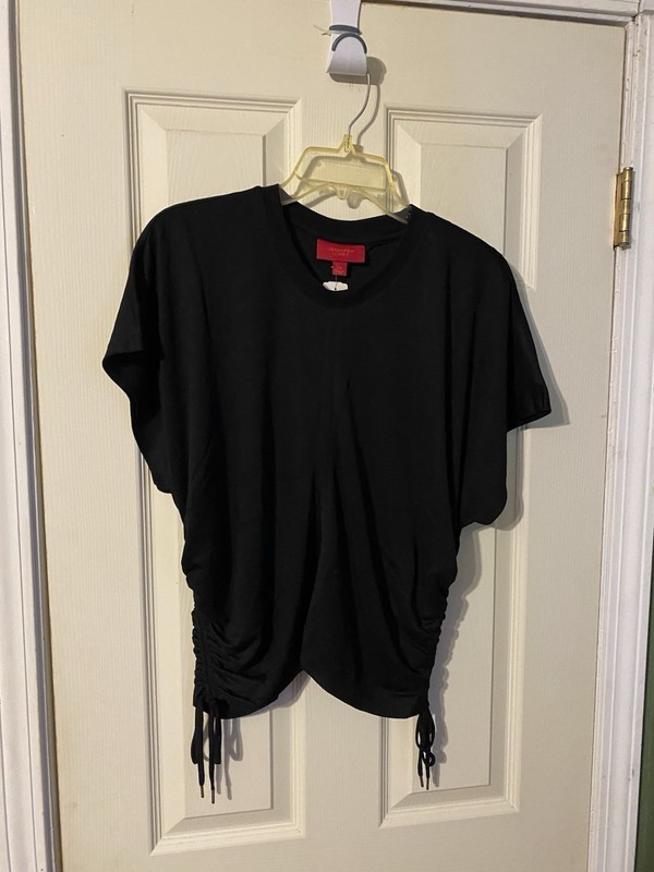 Jennifer Lopez short sleeved black top ruched sides with drawstrings size XXL
