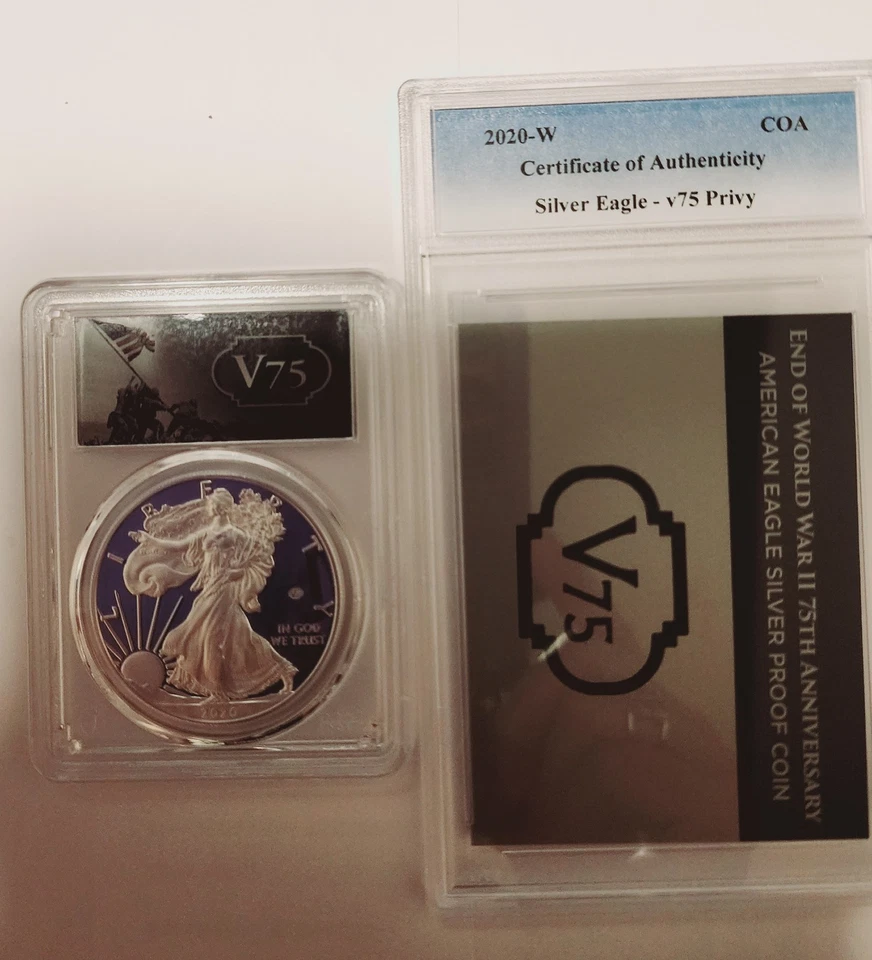 2020-W V75 PRIVY MARK PCGS PR70 FS — конец Второй мировой войны 1 унция СЕРЕБРЯНЫЙ АМЕРИКАНСКИЙ ОРЕЛ С ОГПОМ - Изображение 2 из 4