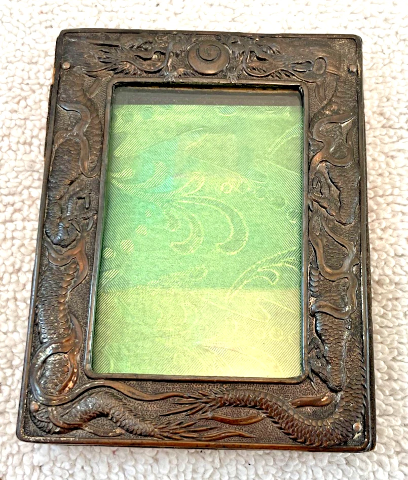 VTG 1920s Dragon Embossed Bronze Picture Frame w/ Glass Wall Decor 4"t - Image 2 of 4