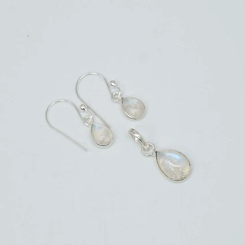 925 Solid Sterling Silver White Rainbow Moonstone Hook Earring Pendant Set