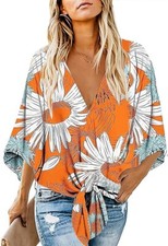 Women's Casual Floral Blouse Batwing Sleeve Loose Fitting Shirts Boho Knot M