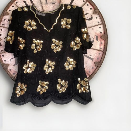 Vintage Scala Size Petite Large Short Sleeve Embellished Black Silk Top
