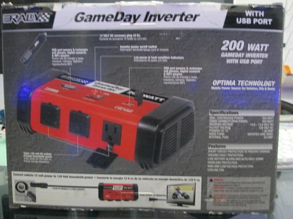 Rally GameDay 12V 200 Watt DC to AC Power Inverter 2 USB Ports & 3 AC Outlets - Image 2 of 4