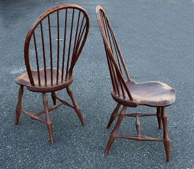 Vintage of Dimes bamboo turned Windsor chairs in the crackled  flat red