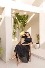 Polago Clothing Black Dobby Maxi Dress Self Pattern Smocked Ruffle Tiered New S