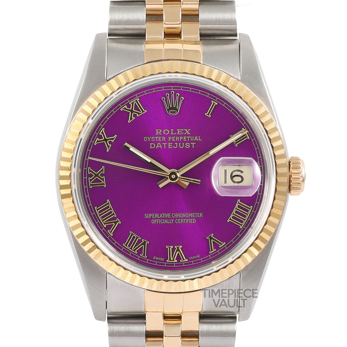 ROLEX DATEJUST 16013 GOLD & STEEL 36MM WATCH PURPLE ROMAN DIAL 18K