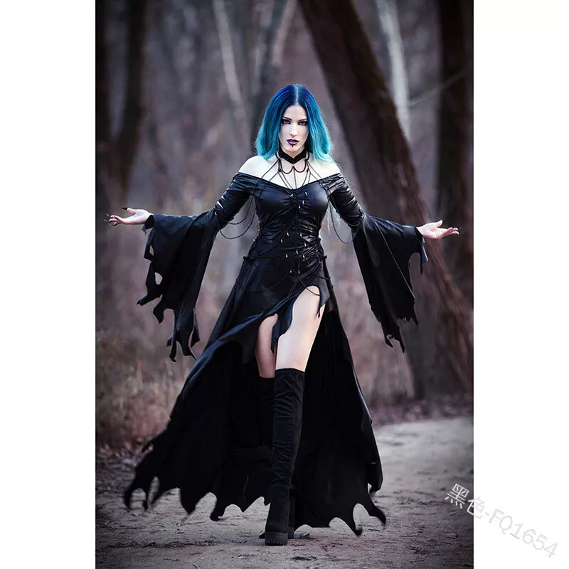 EYHLKM Carnival Costume Sorceress Costume Gothic Dress Royal Vampire  Costume Medieval Black Witch Dress Themed Party Masquerade Party,110cm