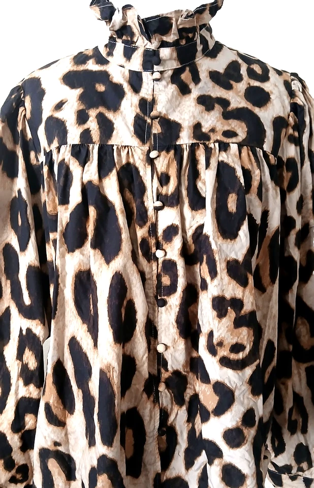 Blusa H&M Estampado Animal Negra/Bronceada Volantes Cuello Simulado Manga Larga Abotonada Mujeres M Foto 3 de 4