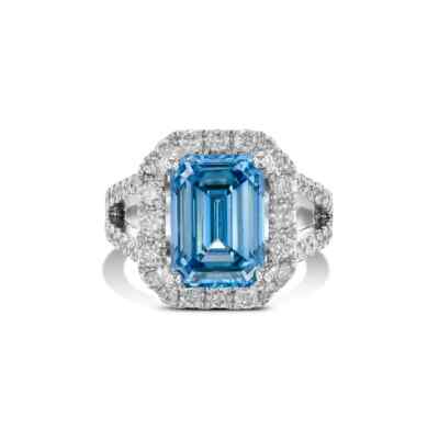 3.50TCW Emerald Lab Grown Vivid Blue & diamond Halo Ring For Engagement 14k Gold