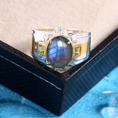 Natural Labradorite & Peridot Gemstone with 925 Sterling Silver Men's Ring #5871 - Image 1 of 4