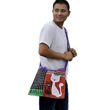 Cat Cross Body Laptop Bag Cotton Multicolor Adjustable Nepalese Handmade BG27