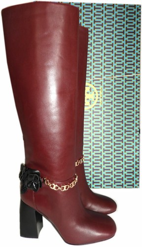 burgundy block heel knee high boots