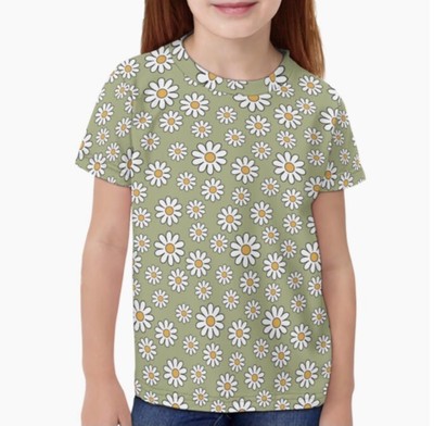 Green Flowers Girls Tshirt Kids Shirt Cute Tees Children Clothes Size 3-16 Tee