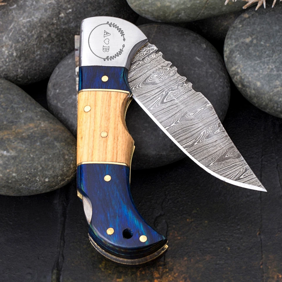 Cuchillo de bolsillo plegable con bloqueo trasero hecho a mano Damasco camping caza cuchillo bolsa Foto 2 de 3