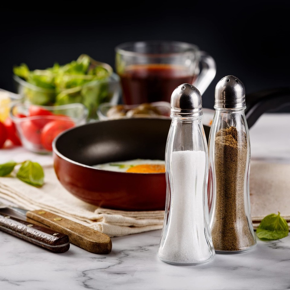 Salt and Pepper Shakers Glass Set, Clear Curved Design, Classic