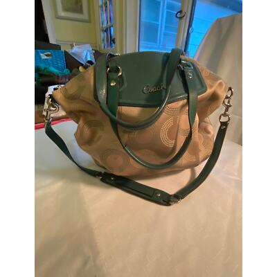 Coach Ashley Khaki Aegean Dotted Op Art North South Satchel, Teal Green, GUC
