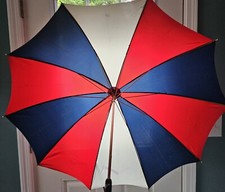 Antique Midcentury Umbrella With Gold Embossed Handle 34" Long Red White Blue