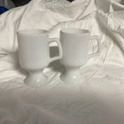 Pedestal Footed Coffee Mug Cup Milk Glass Vintage Set Of 2 White Glazed.Bin NN