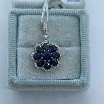 2Ct Pear Cut Blue Sapphire Diamond Flower Pendant 14K White Gold Over Free Chain