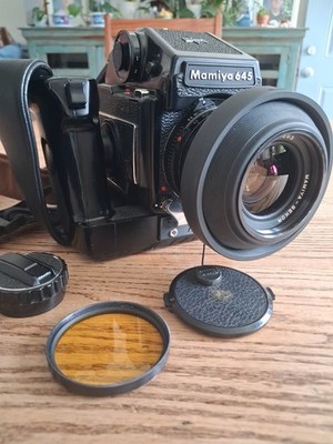 Mamiya M645 Camera Sekor C 55mm F/2.8 Lens Mamiya Power Drive Grip Eye Prism