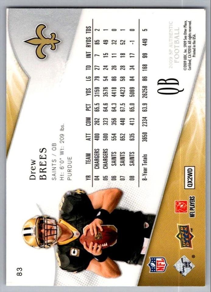 2009 SP Authentic Drew Brees New Orleans Saints #83 - Image 2 of 2